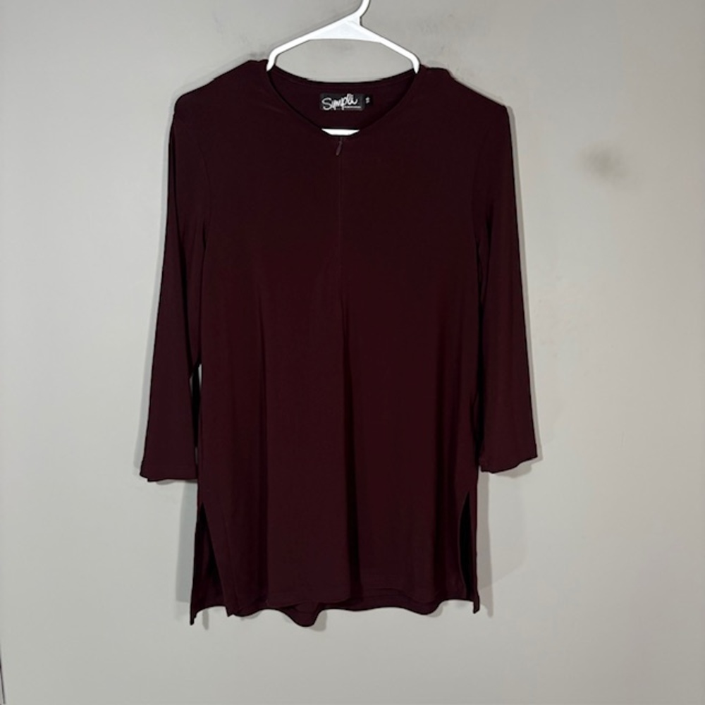 Sympli Tunic Womens 10 Red Crew Neck 3/4 Sleeve Stretch Half Zip Jersey Top